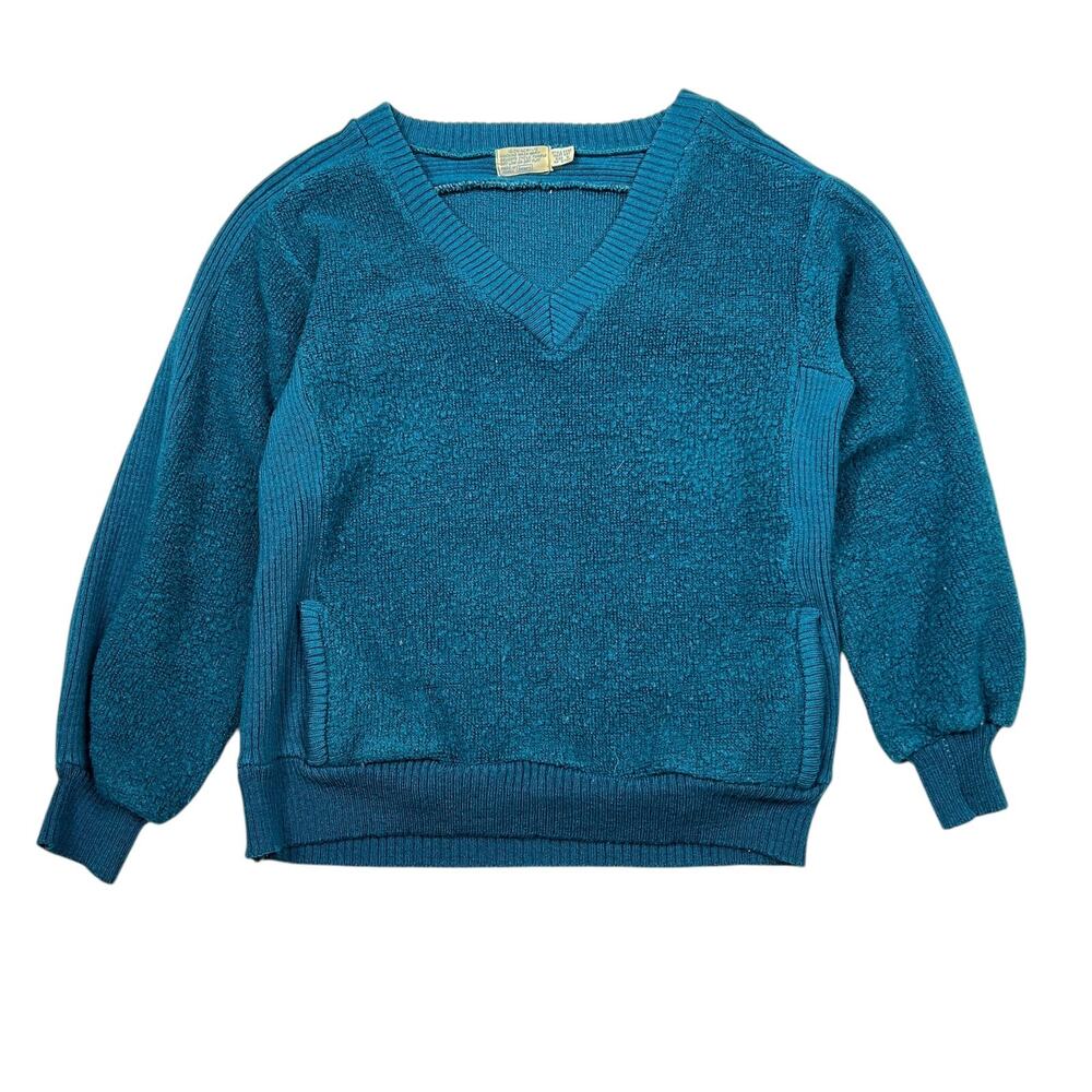 Vintage 70s V-Neck Chunky Knit Sweater Sears Teal Blue Green Womens Small